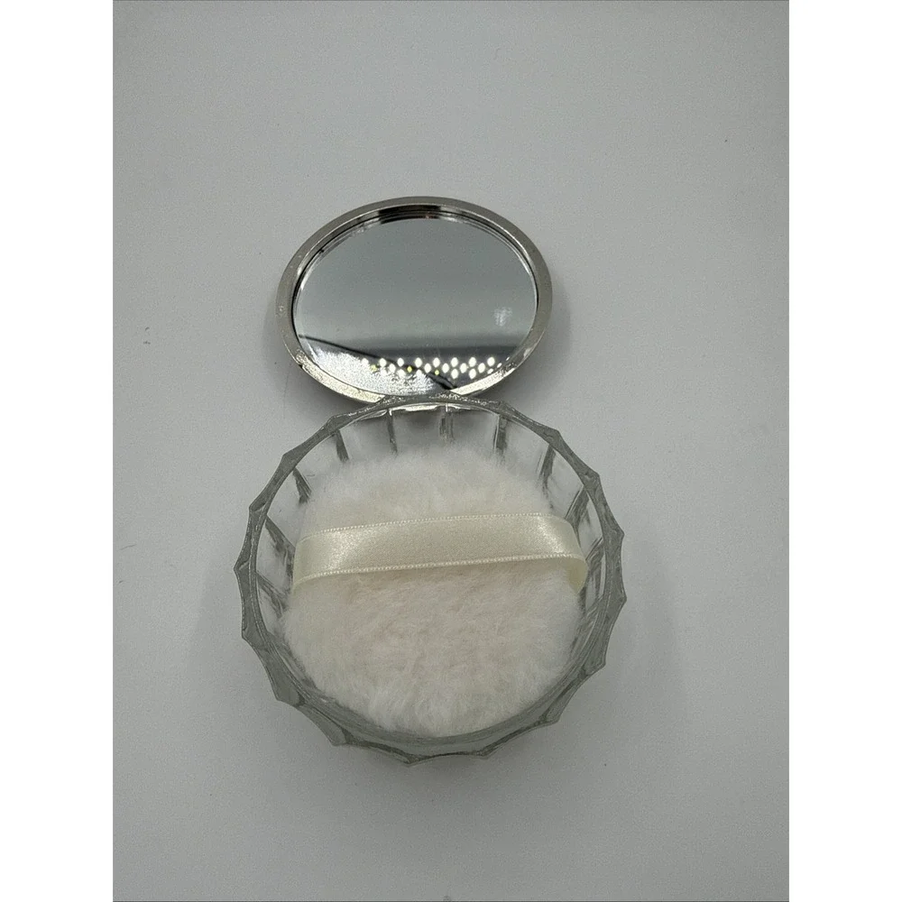 Ornate Silver-Plated Lid Glass Powder Jar with Powder Puff, Silver-Plated Metal